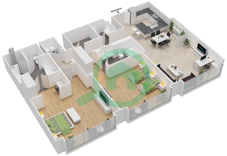 费尔蒙特滨海公寓 - 2 卧室公寓类型T-1戶型图 interactive3D