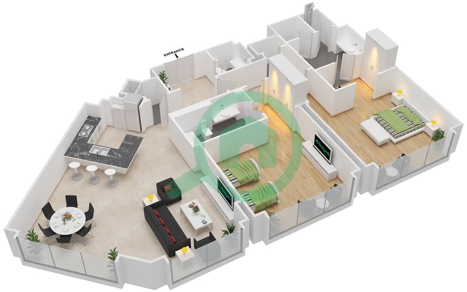 المخططات الطابقية لتصميم النموذج T-2 شقة 2 غرفة نوم - فيرمونت المارينا ريزيدنس interactive3D