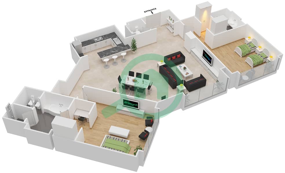 المخططات الطابقية لتصميم النموذج T-3 شقة 2 غرفة نوم - فيرمونت المارينا ريزيدنس interactive3D