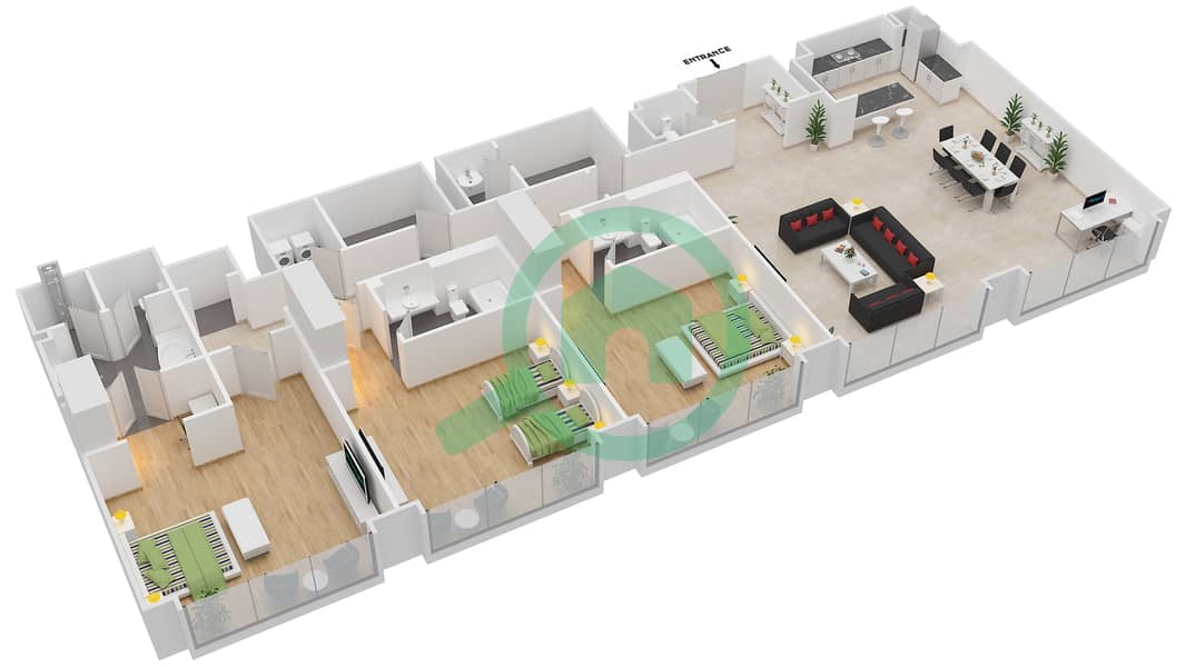 المخططات الطابقية لتصميم النموذج T-1 شقة 3 غرف نوم - فيرمونت المارينا ريزيدنس interactive3D