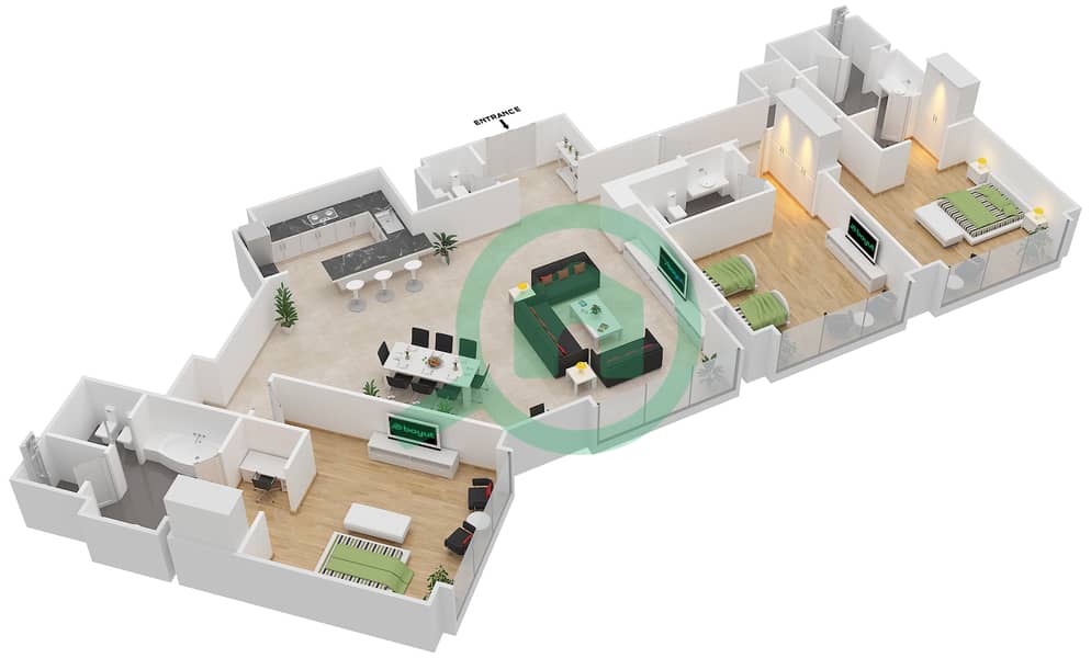 المخططات الطابقية لتصميم النموذج T-2 شقة 3 غرف نوم - فيرمونت المارينا ريزيدنس interactive3D