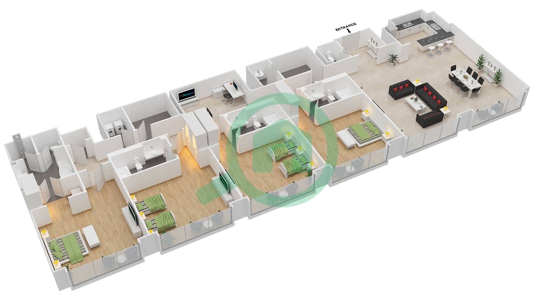المخططات الطابقية لتصميم النموذج T-1 شقة 4 غرف نوم - فيرمونت المارينا ريزيدنس interactive3D