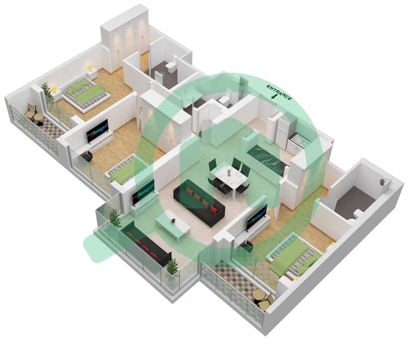 المخططات الطابقية لتصميم النموذج C شقة 3 غرف نوم - ون بارك افينيو interactive3D