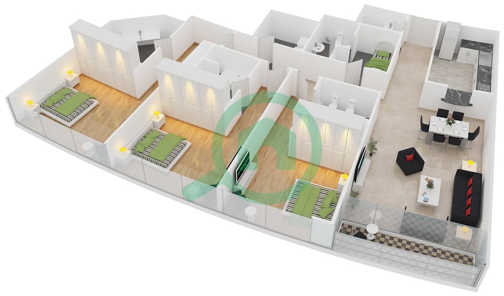 المخططات الطابقية لتصميم النموذج B1 شقة 3 غرف نوم - الفتان مارين تاورز interactive3D