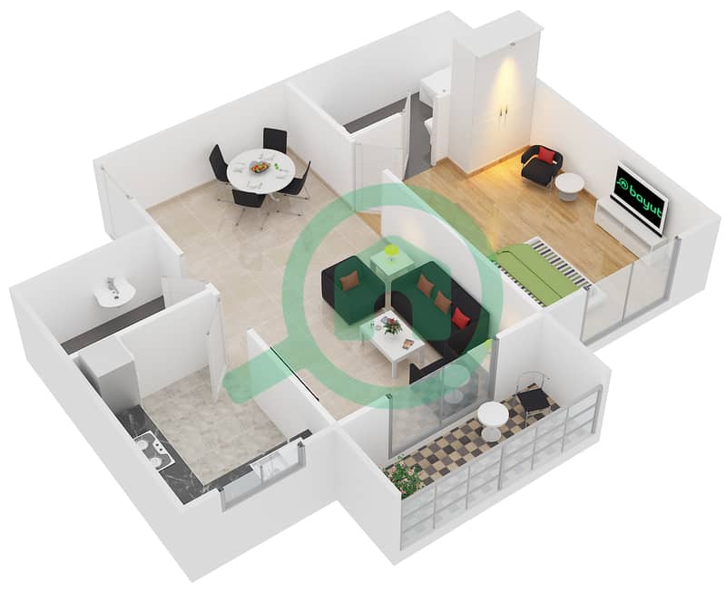 المخططات الطابقية لتصميم الوحدة 1,18 شقة 1 غرفة نوم - بوينت ريزيدينسيا interactive3D