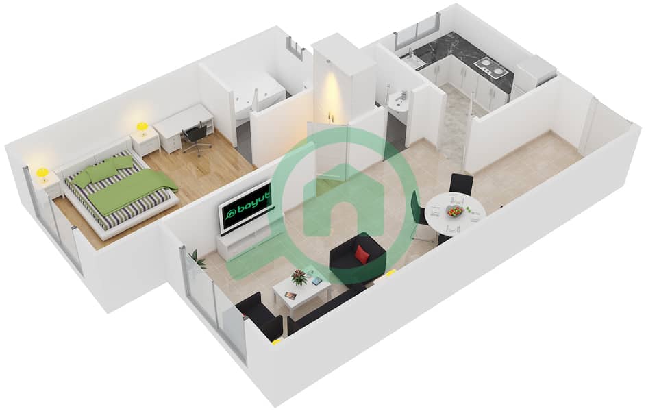 中心公寓 - 1 卧室公寓单位1戶型图 interactive3D