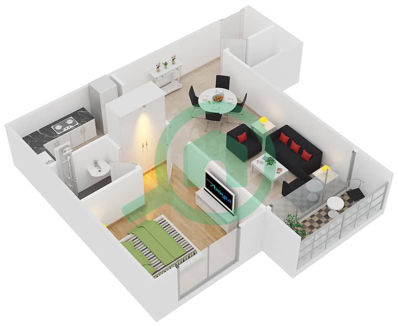 المخططات الطابقية لتصميم الوحدة 2,17 شقة 1 غرفة نوم - بوينت ريزيدينسيا interactive3D