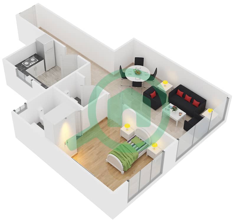 Point Residencia - 1 Bedroom Apartment Unit 2 Floor plan interactive3D