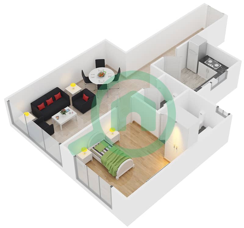 中心公寓 - 1 卧室公寓单位3戶型图 interactive3D
