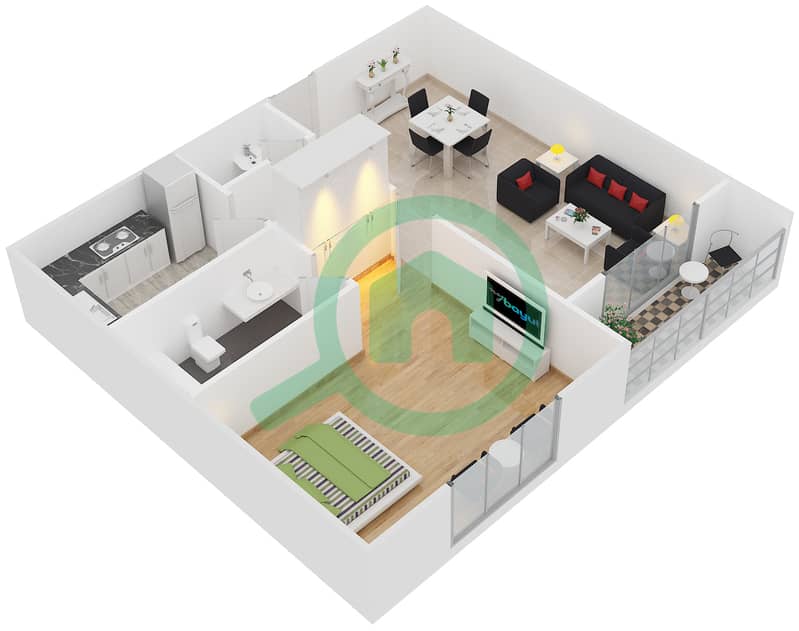 المخططات الطابقية لتصميم الوحدة 5,14 شقة 1 غرفة نوم - بوينت ريزيدينسيا interactive3D