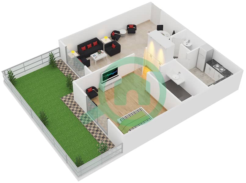 المخططات الطابقية لتصميم الوحدة 5 شقة 1 غرفة نوم - بوينت ريزيدينسيا interactive3D