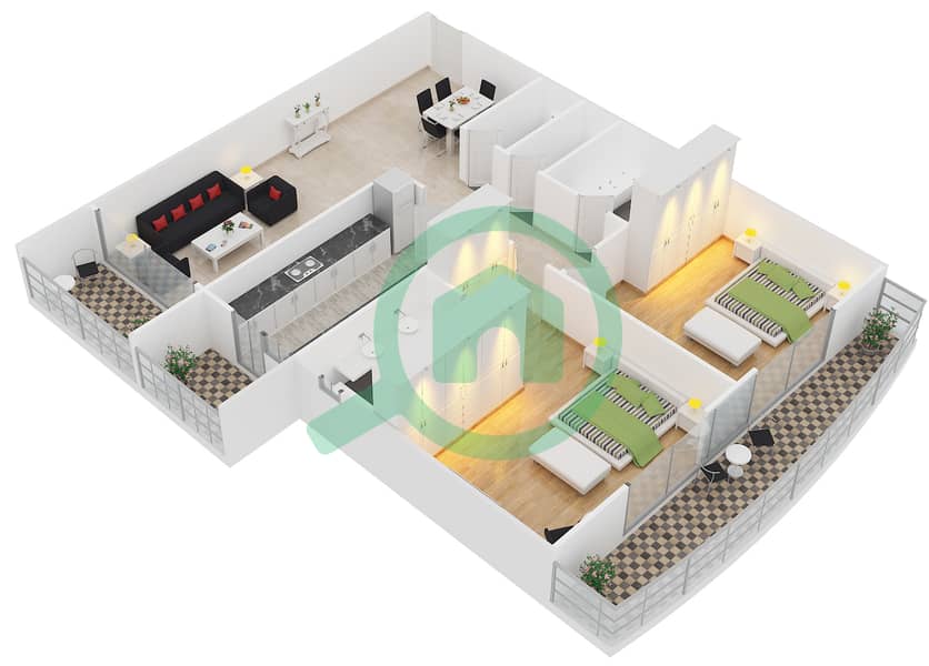 中心公寓 - 2 卧室公寓单位7,12戶型图 interactive3D