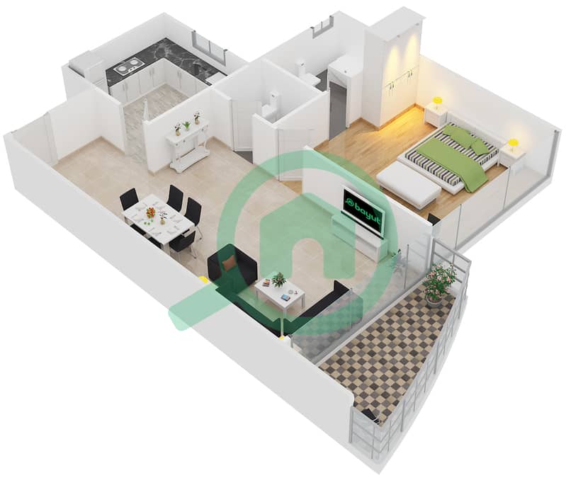 Пойнт Резиденсия - Апартамент 1 Спальня планировка Единица измерения 8,11 interactive3D