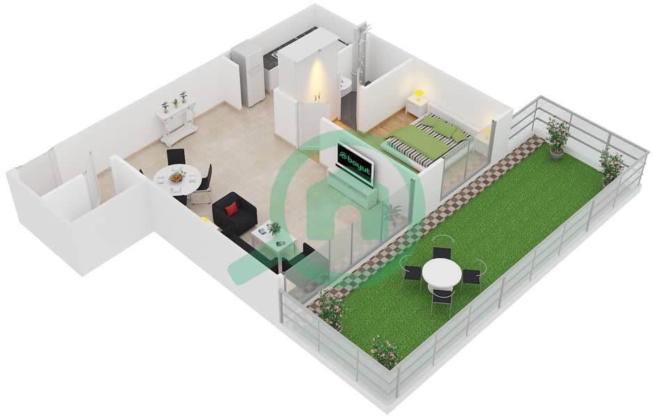المخططات الطابقية لتصميم الوحدة 8 شقة 1 غرفة نوم - بوينت ريزيدينسيا interactive3D