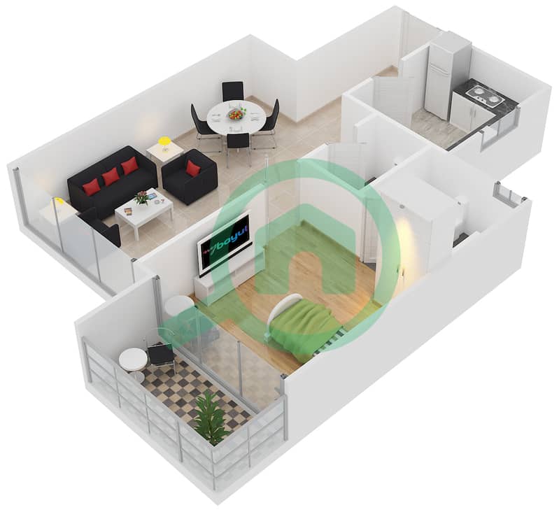 المخططات الطابقية لتصميم الوحدة 9,10 شقة 1 غرفة نوم - بوينت ريزيدينسيا interactive3D