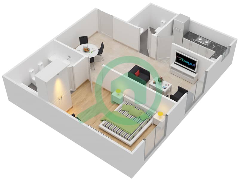 中心公寓 - 1 卧室公寓单位9戶型图 interactive3D