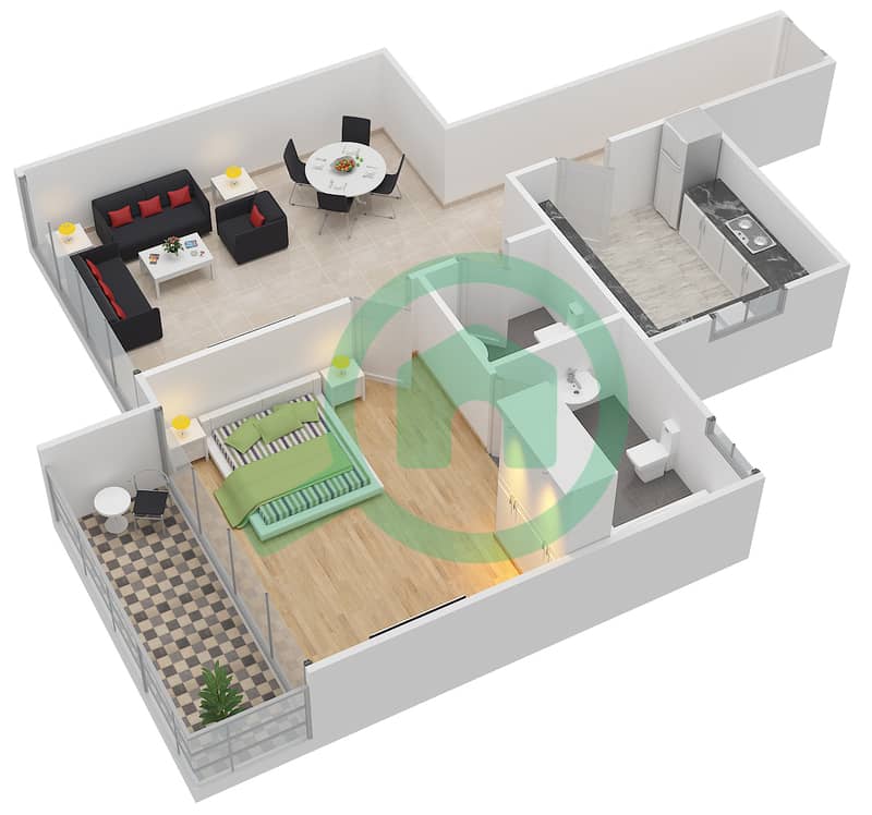 المخططات الطابقية لتصميم الوحدة 20,21 شقة 1 غرفة نوم - بوينت ريزيدينسيا interactive3D