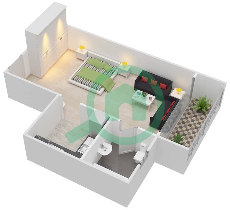 中心公寓 - 单身公寓单位3,16戶型图 interactive3D