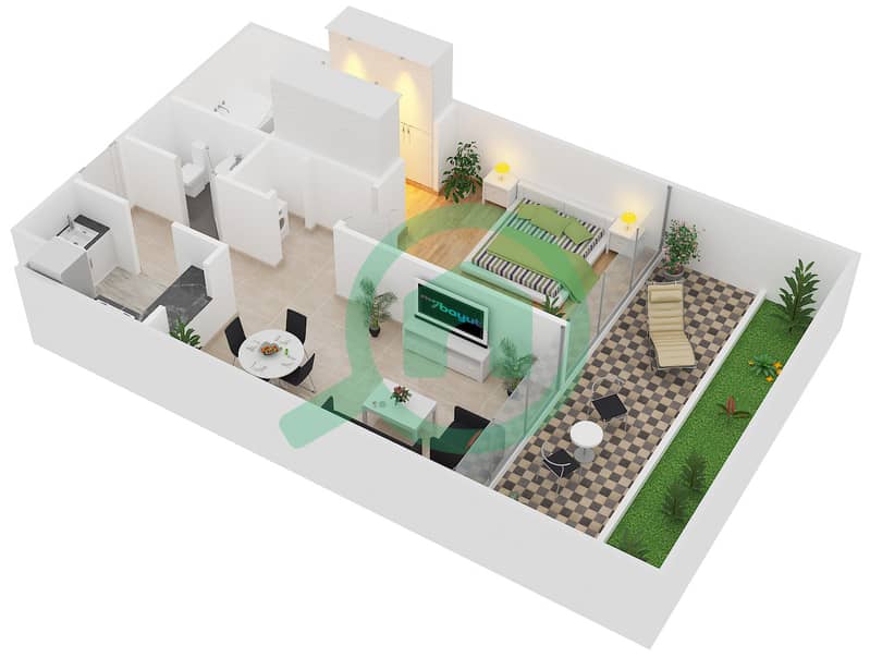 المخططات الطابقية لتصميم النموذج G-1B-1 شقة 1 غرفة نوم - مساكن ماجنوليا interactive3D