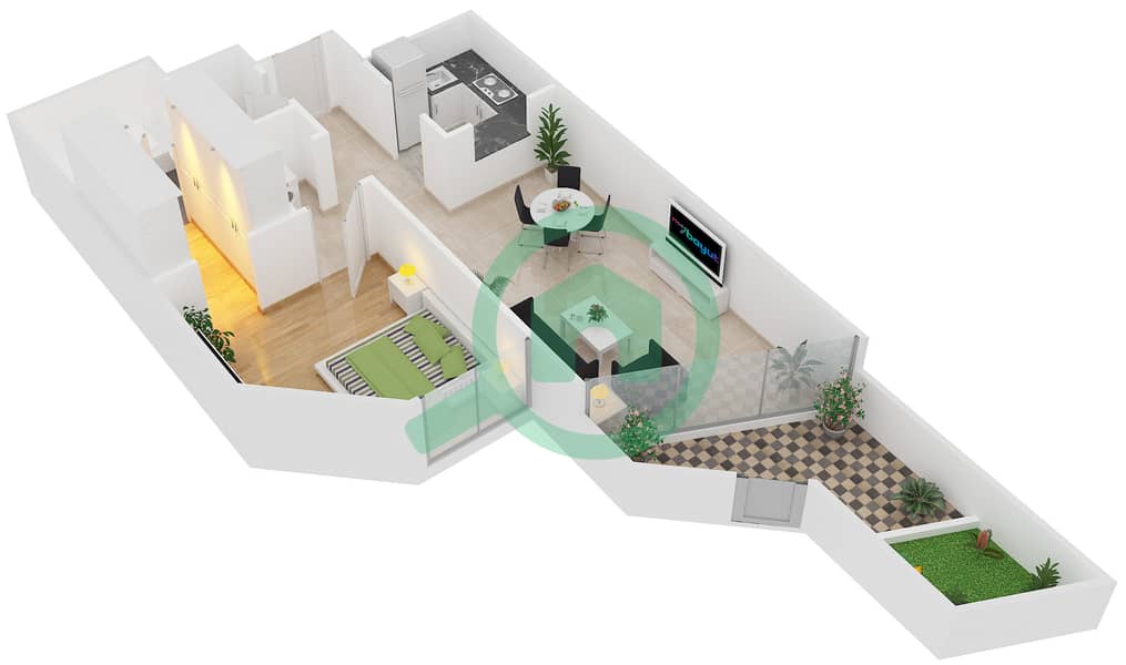 المخططات الطابقية لتصميم النموذج G-1B-4 شقة 1 غرفة نوم - مساكن ماجنوليا interactive3D