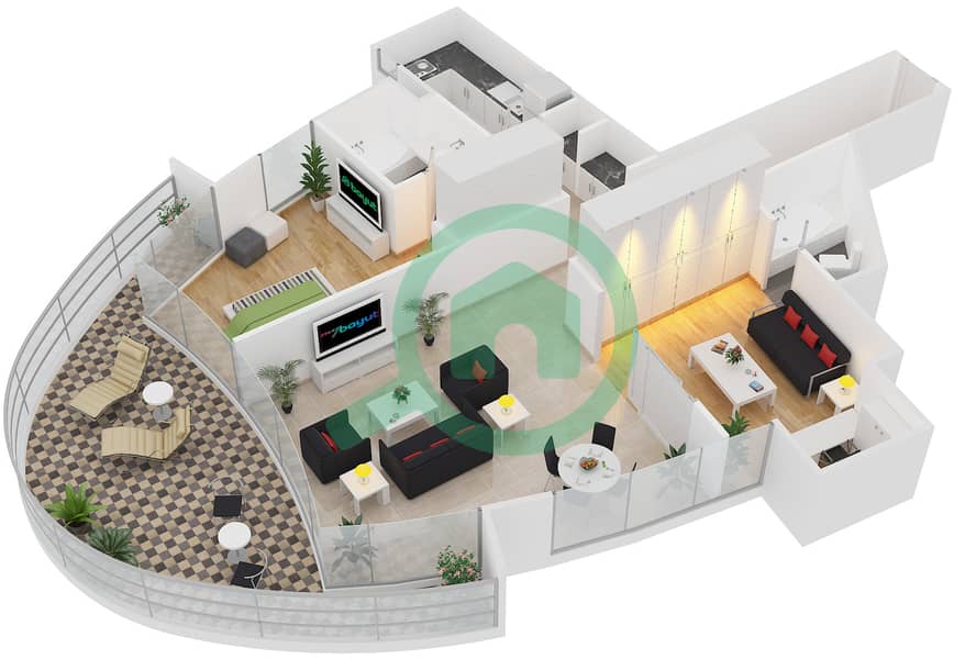 المخططات الطابقية لتصميم النموذج T-1B-5 شقة 1 غرفة نوم - مساكن ماجنوليا interactive3D
