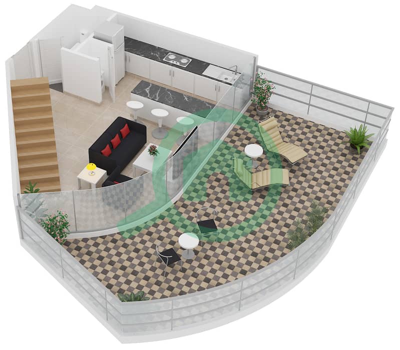 المخططات الطابقية لتصميم النموذج L-1B-1 شقة 1 غرفة نوم - مساكن ماجنوليا Lower Floor interactive3D