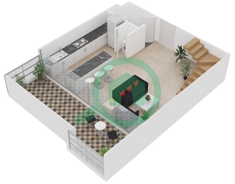 المخططات الطابقية لتصميم النموذج L-1B-2 شقة 1 غرفة نوم - مساكن ماجنوليا Lower Floor interactive3D