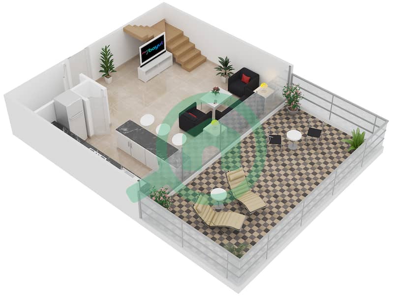 المخططات الطابقية لتصميم النموذج L-1B-3 شقة 1 غرفة نوم - مساكن ماجنوليا Lower Level interactive3D
