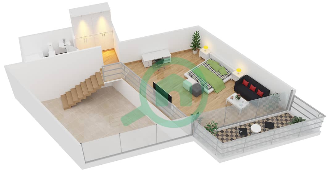 المخططات الطابقية لتصميم النموذج L-1B-6 شقة 1 غرفة نوم - مساكن ماجنوليا Upper Floor interactive3D