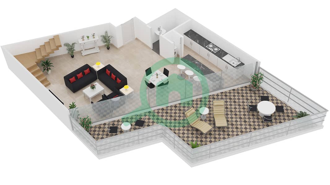 المخططات الطابقية لتصميم النموذج L-1B-6 شقة 1 غرفة نوم - مساكن ماجنوليا Lower Floor interactive3D