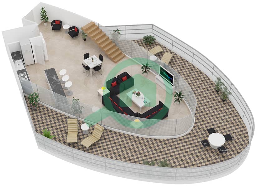 المخططات الطابقية لتصميم النموذج L-1B-7 شقة 1 غرفة نوم - مساكن ماجنوليا Lower Floor interactive3D