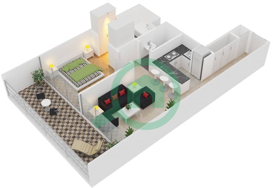 白玉兰公馆 - 1 卧室公寓类型T-1B-2戶型图 interactive3D