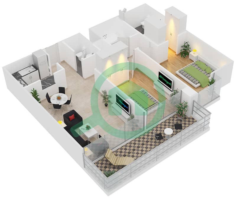 白玉兰公馆 - 2 卧室公寓类型T-2B-1戶型图 interactive3D