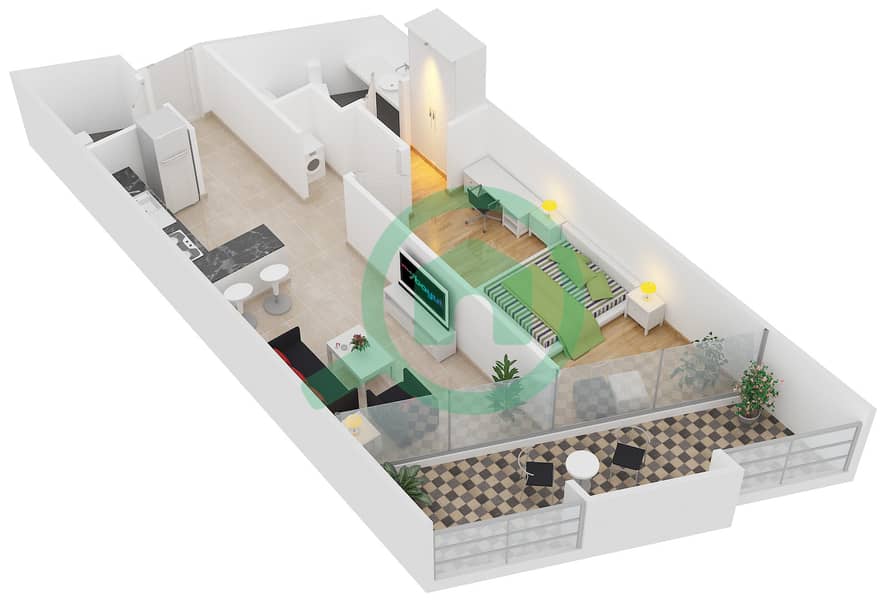 المخططات الطابقية لتصميم النموذج T-1B-1 شقة 1 غرفة نوم - مساكن ماجنوليا interactive3D