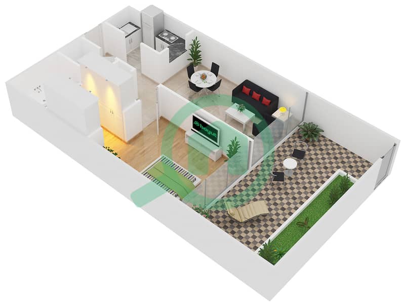 المخططات الطابقية لتصميم النموذج G-1B-3 شقة 1 غرفة نوم - مساكن ماجنوليا interactive3D
