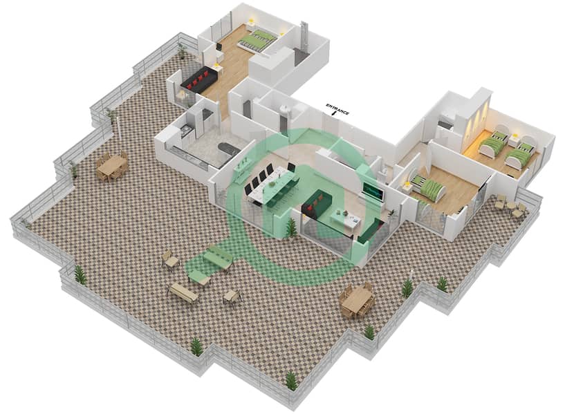 المخططات الطابقية لتصميم النموذج D شقة 3 غرف نوم - أنسام 4 interactive3D