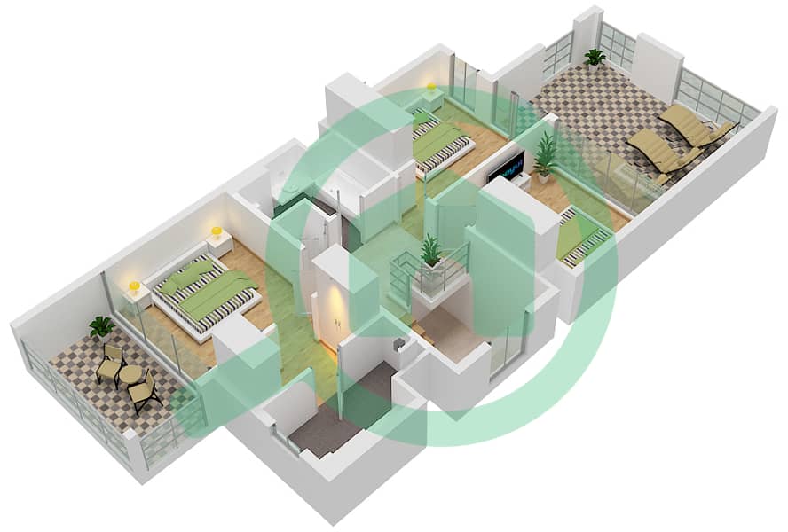 المخططات الطابقية لتصميم النموذج DUPLEX 1-END 1(CLASSIC) شقة 3 غرف نوم - بليس 2 First Floor interactive3D