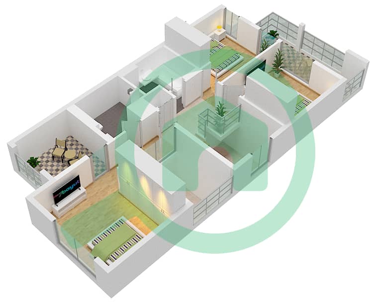 المخططات الطابقية لتصميم النموذج DUPLEX 2-END 1(CLASSIC) شقة 3 غرف نوم - بليس 2 First Floor interactive3D