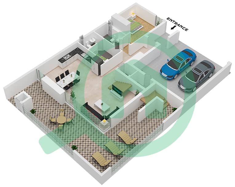 المخططات الطابقية لتصميم النموذج DUPLEX 1-END 1(CLASSIC) شقة 4 غرف نوم - بليس 2 Ground Floor interactive3D