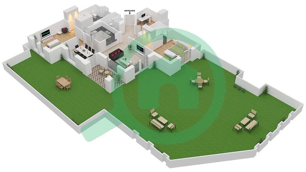 المخططات الطابقية لتصميم الوحدة 2 GROUND FLOOR شقة 2 غرفة نوم - يانسون 3 Ground Floor interactive3D