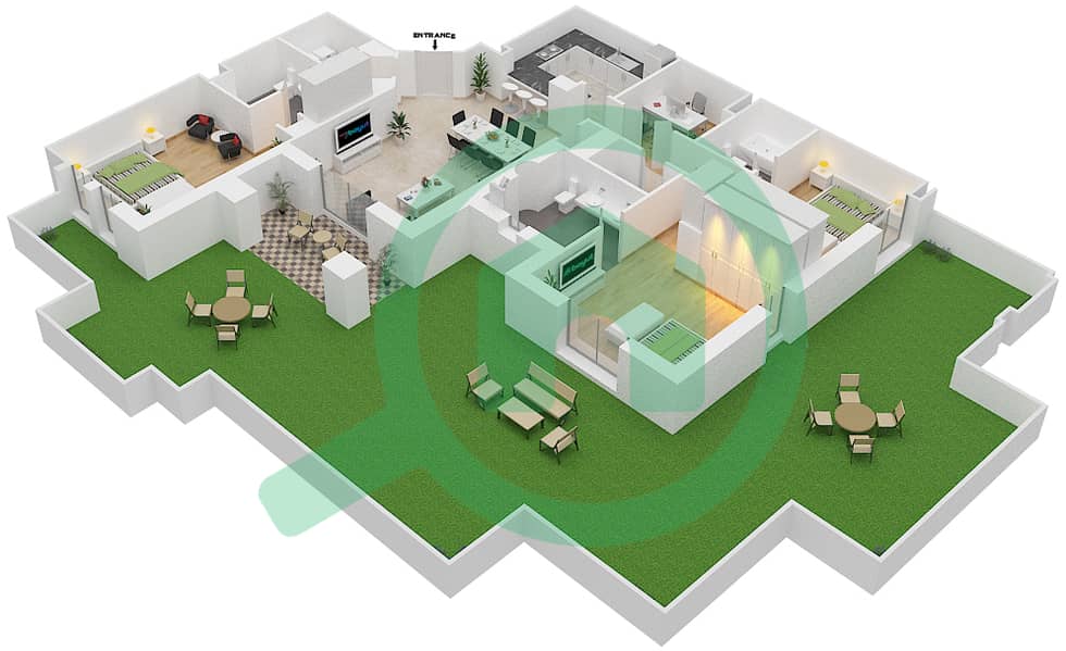 المخططات الطابقية لتصميم الوحدة 7 GROUND FLOOR شقة 3 غرف نوم - يانسون 3 Ground Floor interactive3D