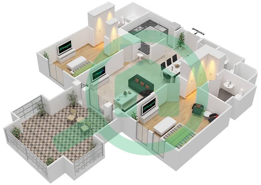 المخططات الطابقية لتصميم الوحدة 1 FLOOR 1 شقة 2 غرفة نوم - يانسون 5 Floor 1 interactive3D