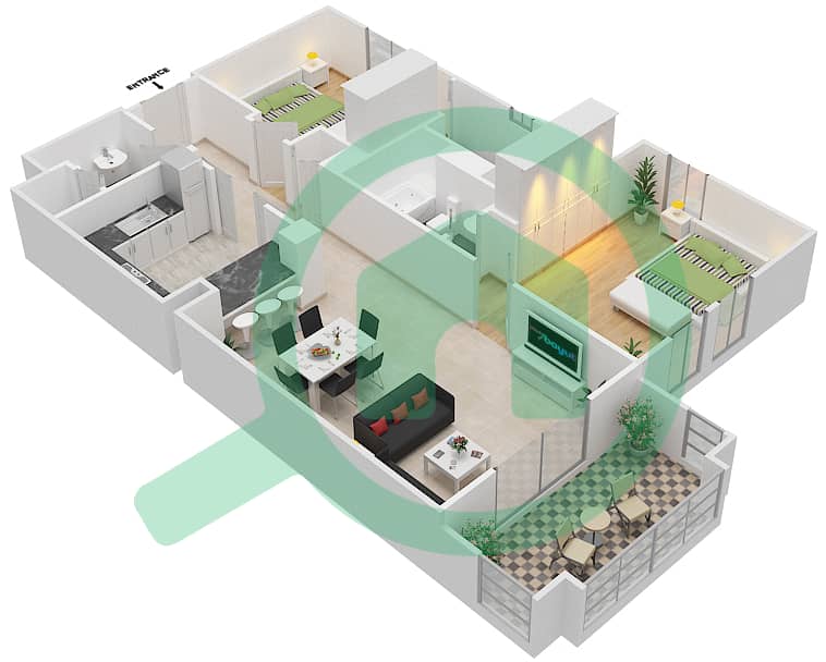 المخططات الطابقية لتصميم الوحدة 6 FLOOR 1-8 شقة 2 غرفة نوم - يانسون 5 Floor 1-8 interactive3D