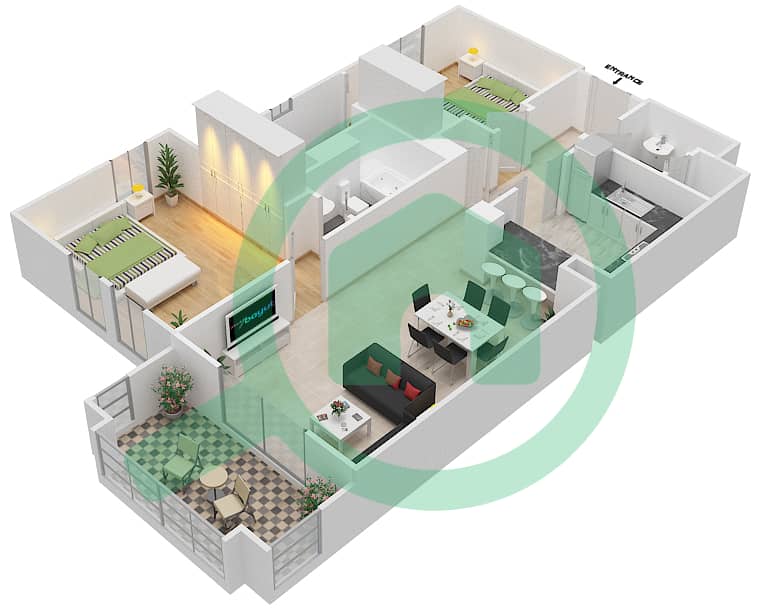 المخططات الطابقية لتصميم الوحدة 3 FLOOR 1-8 شقة 2 غرفة نوم - يانسون 5 Floor 1-8 interactive3D