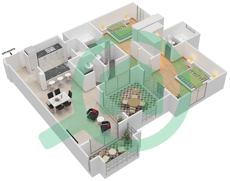 المخططات الطابقية لتصميم الوحدة 1 FLOOR 4 شقة 2 غرفة نوم - يانسون 7 Floor 4 interactive3D