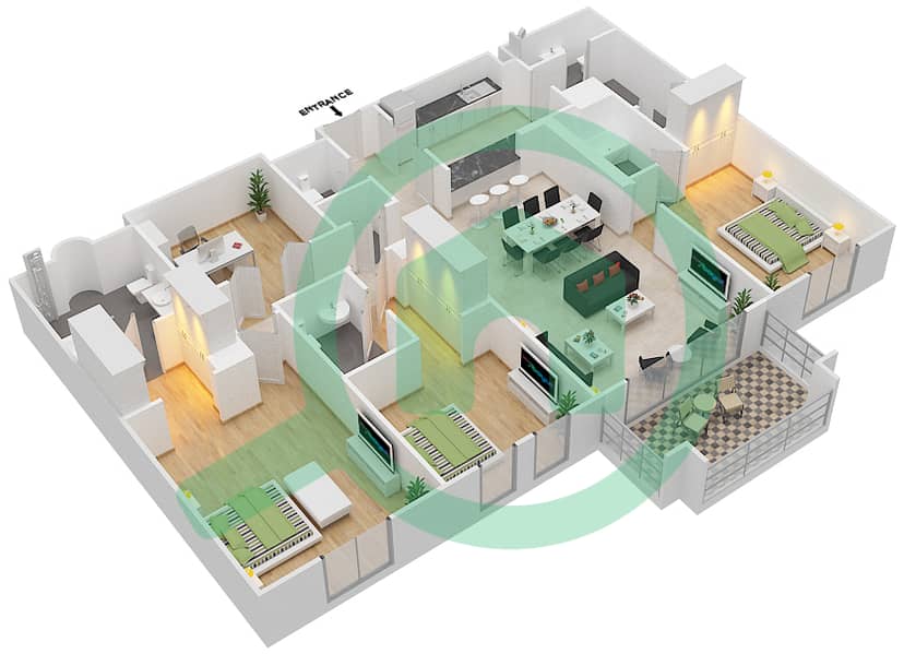 المخططات الطابقية لتصميم الوحدة 2 FLOOR 1-4 شقة 3 غرف نوم - يانسون 7 Floor 1-4 interactive3D