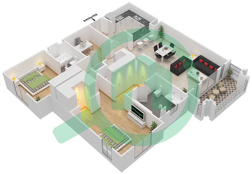 燕舒7号楼 - 2 卧室公寓单位3,5 FLOOR 1-4戶型图 Floor 1-4 interactive3D