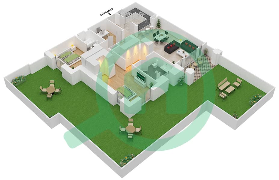 المخططات الطابقية لتصميم الوحدة 3 GROUND FLOOR شقة 2 غرفة نوم - يانسون 7 Ground Floor interactive3D