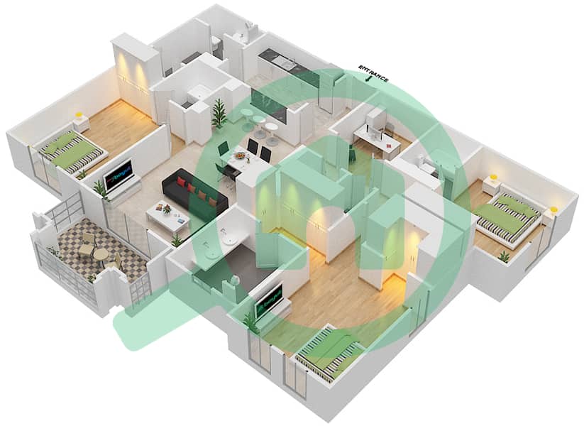 燕舒7号楼 - 3 卧室公寓单位10 FLOOR 1-3戶型图 Floor 1-3 interactive3D