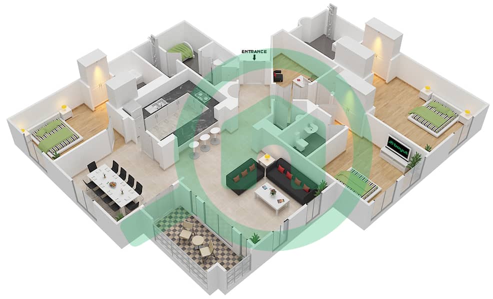 燕舒7号楼 - 3 卧室公寓单位11 FLOOR 1-3戶型图 Floor 1-3 interactive3D